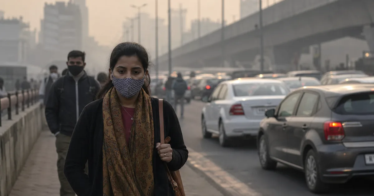 Indian city street in dense haze as a commuter walks to work wearing a cloth mask