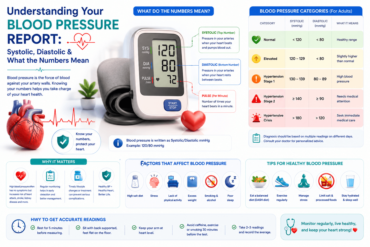 Blood pressure monitor showing 120/80 reading with chart of normal ranges