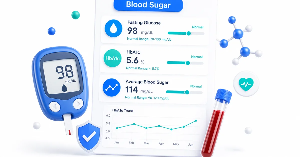 Blood sugar test report showing fasting PP and HbA1c values with glucometer illustration