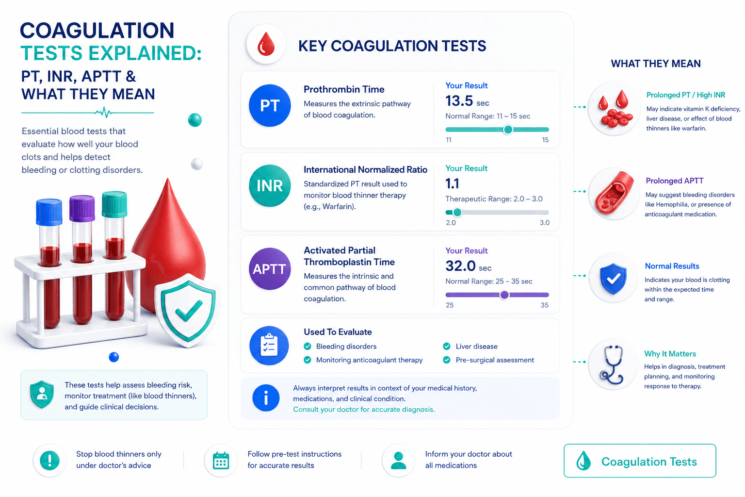 Coagulation panel blood test report showing PT, INR, APTT, and Fibrinogen values with blood clot illustration