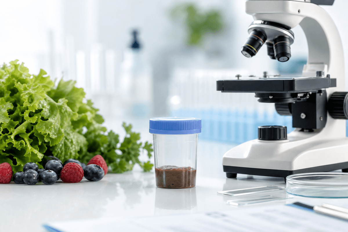 Laboratory microscope and stool specimen container for Cyclospora infection testing