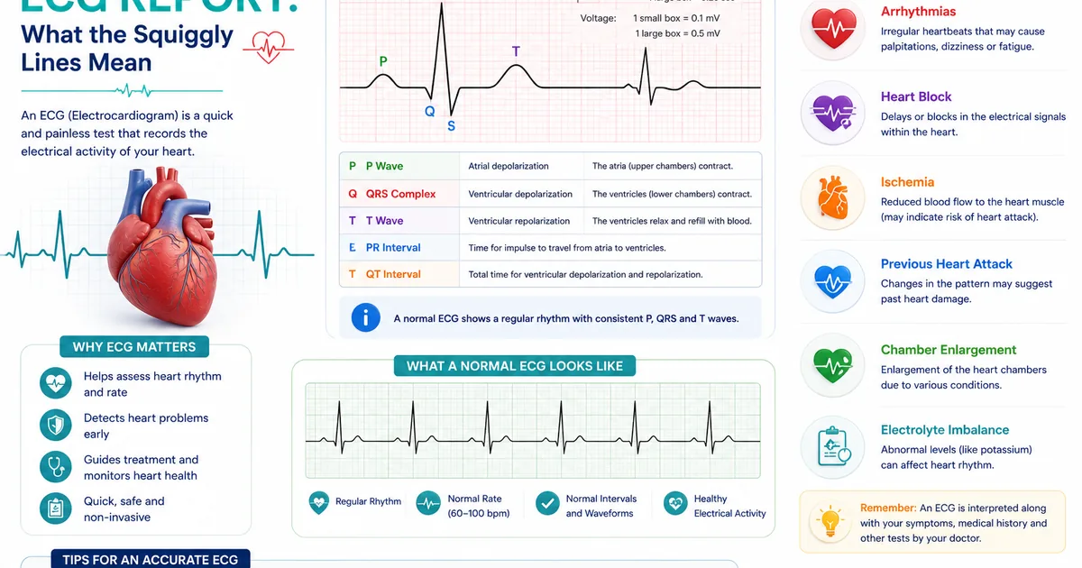 ECG report showing normal rhythm with labeled waves in Hindi context