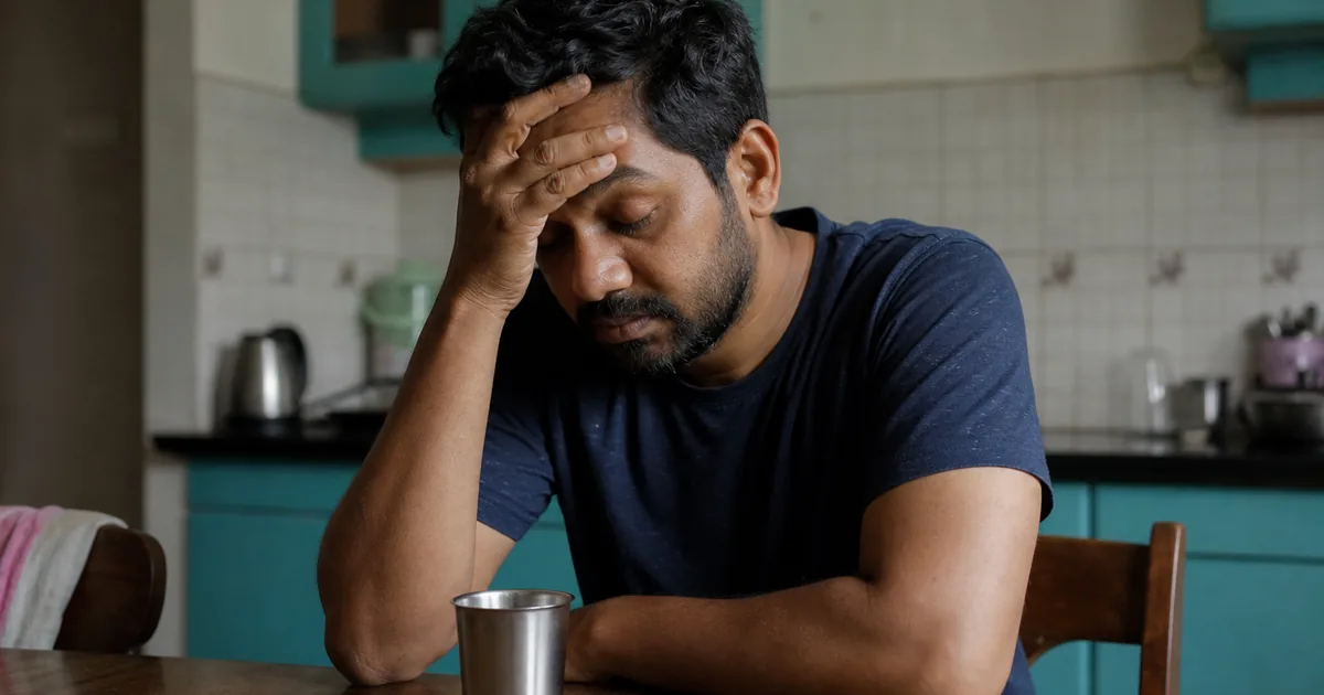 Tired Indian office worker with morning chai, illustrating when to get blood tests for fatigue