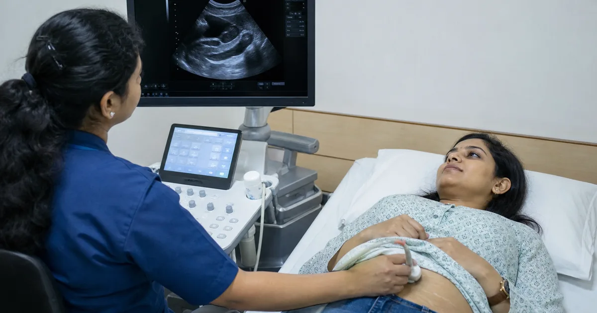Young Indian adult on an ultrasound bed during an abdominal scan in a diagnostic centre