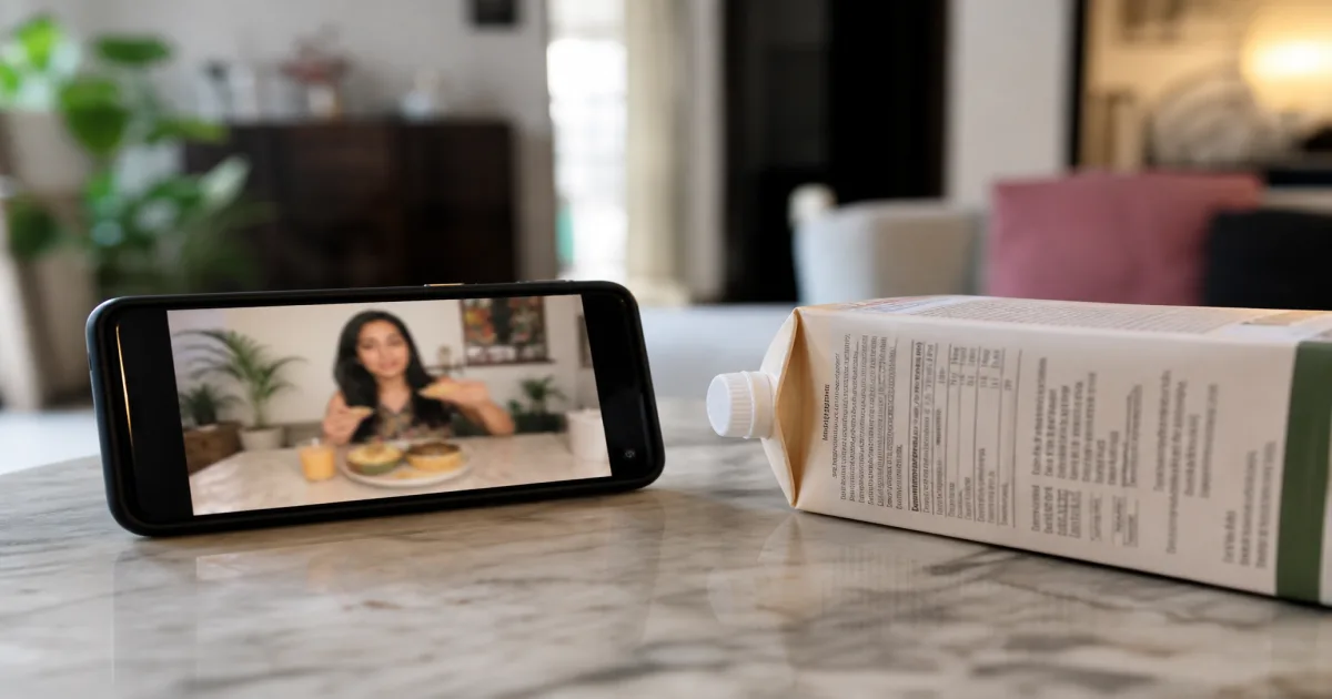 Smartphone food influencer reel beside a health-drink carton and its ingredients label