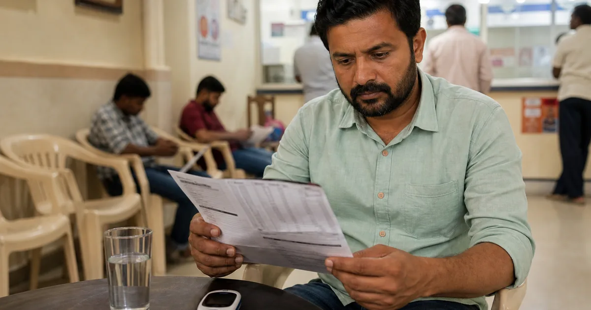 Indian adult in a diagnostic clinic holding a diabetes lab report beside a glucometer