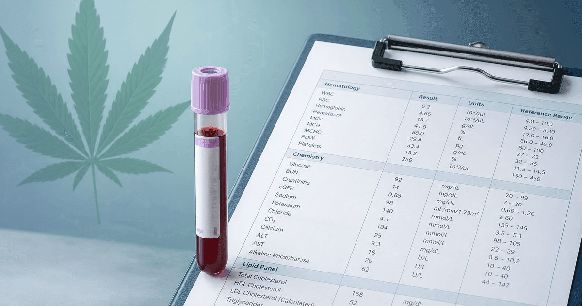 Clinical blood sample vial and lab report illustration for cannabis THC blood test detection education