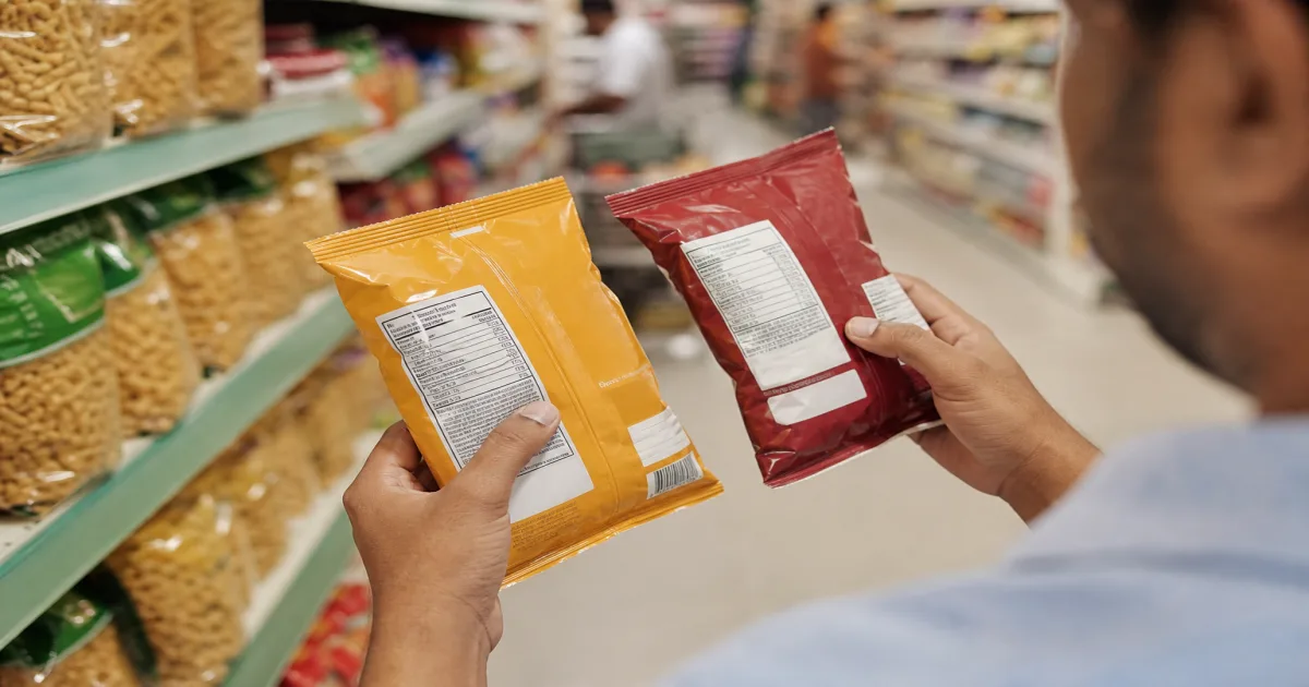 Indian shopper comparing nutrition labels on packaged snacks in a grocery aisle