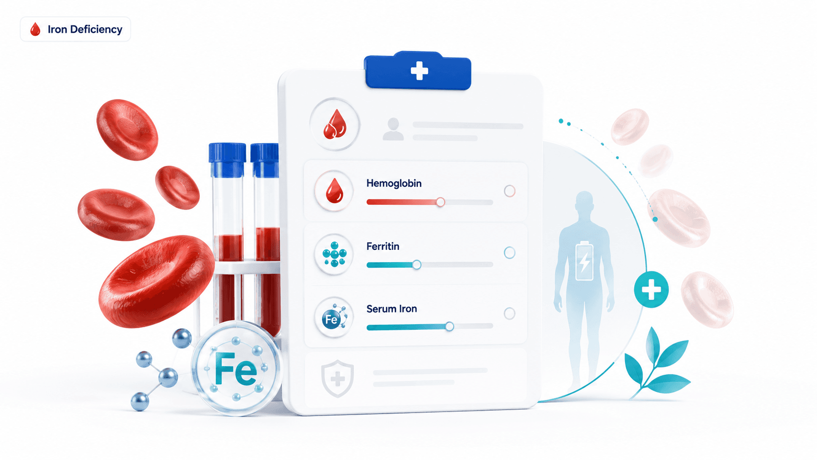 Iron studies blood test panel showing ferritin serum iron TIBC values with red blood cell illustration