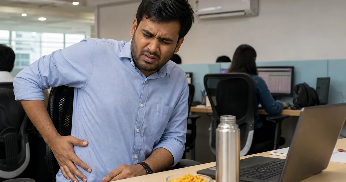 Young Indian professional at an office desk holding his flank beside an empty water bottle