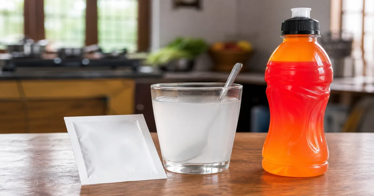 WHO ORS sachet and clear rehydration glass beside a colourful commercial electrolyte drink bottle