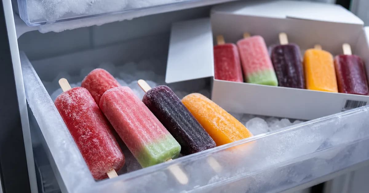 Frozen fruit ice pops in a home freezer drawer, illustrating the 2026 Outshine fruit bars recall