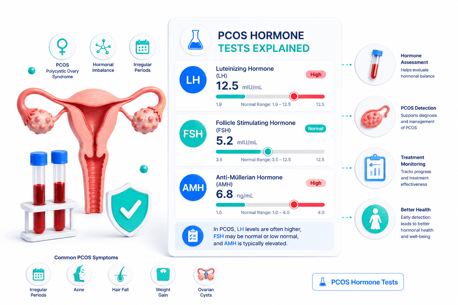 PCOS hormone blood test report showing LH FSH ratio and AMH values alongside ovary illustration