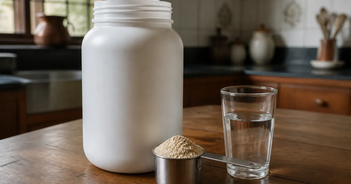 Unlabeled tub of protein powder with a scoop and a glass of water on a kitchen table