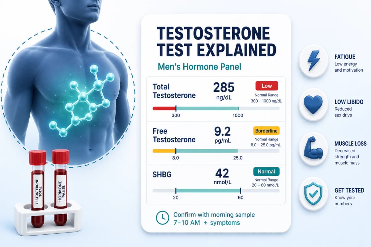 Testosterone hormone panel report showing total T, free T, and SHBG for men with low T