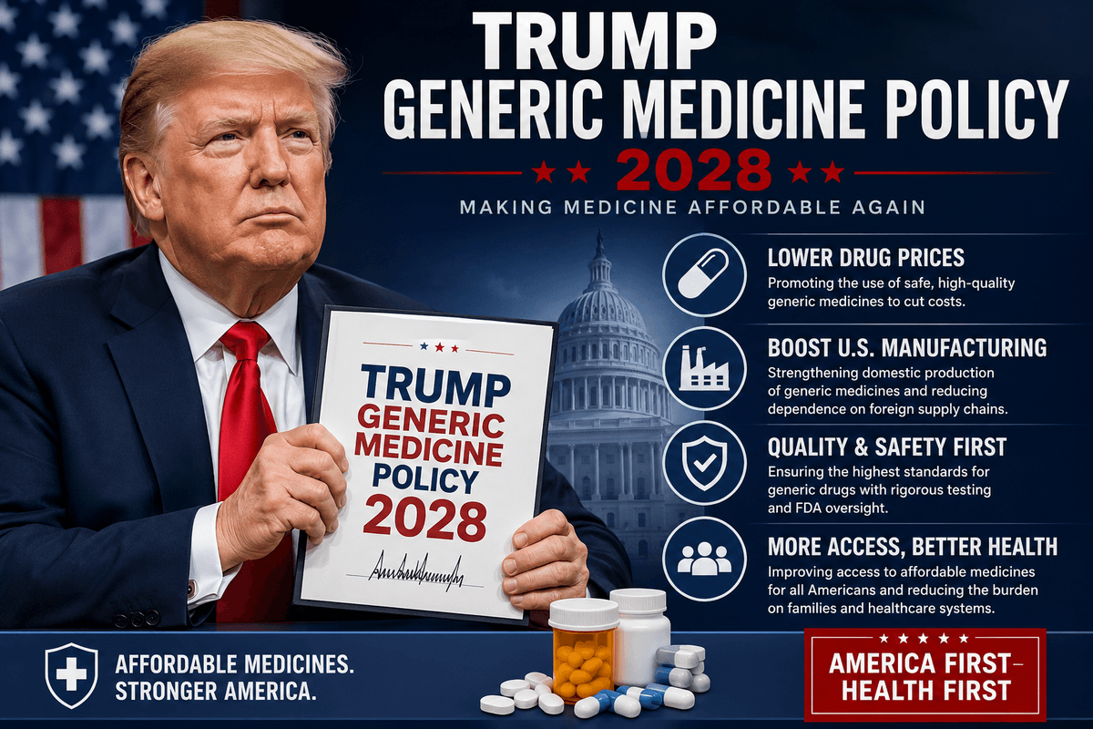 Illustration of generic medicine bottles and tariff timeline for U.S. drug policy 2028