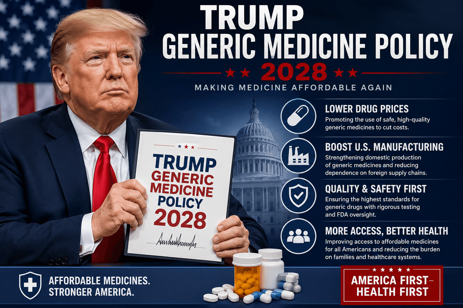 Illustration of generic medicine bottles and tariff timeline for U.S. drug policy 2028