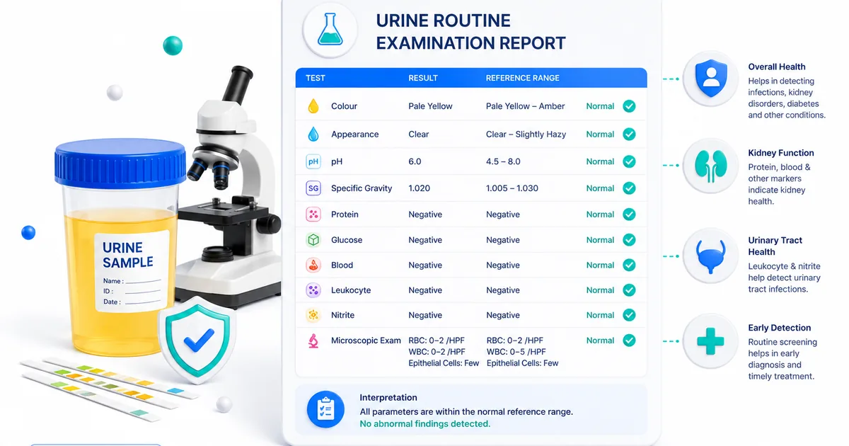 Urine routine examination report with pus cells and protein values highlighted alongside kidney and urinary tract illustration