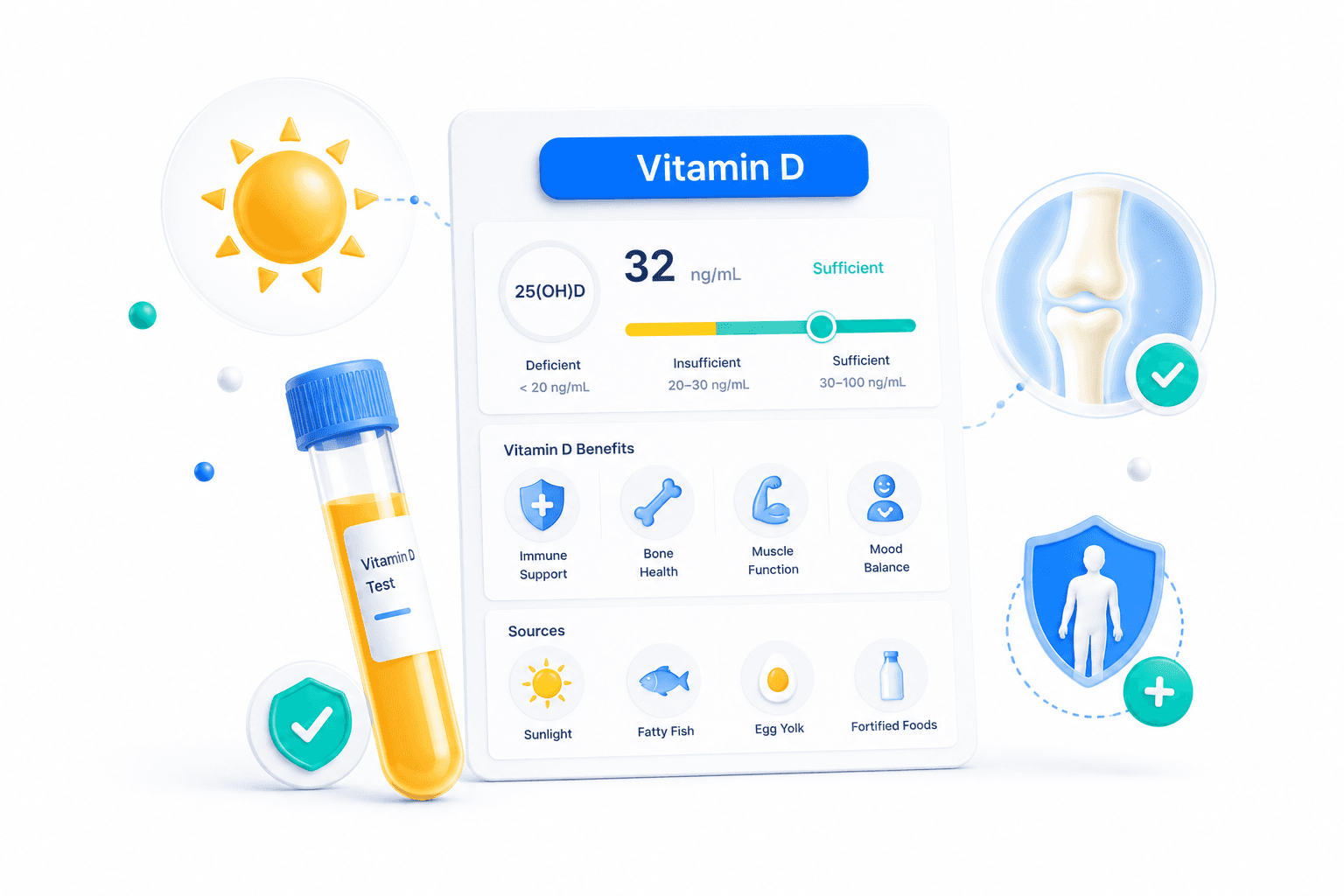 Vitamin D test report showing deficiency levels with sun and supplement imagery