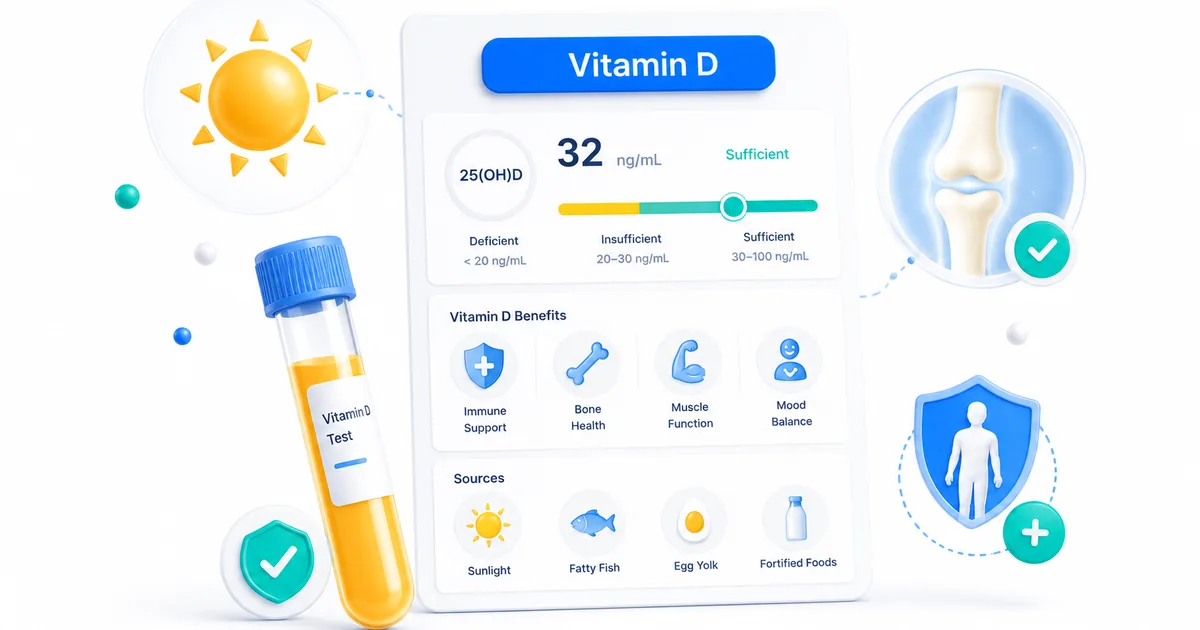 Vitamin D test report showing deficiency levels with sun and supplement imagery