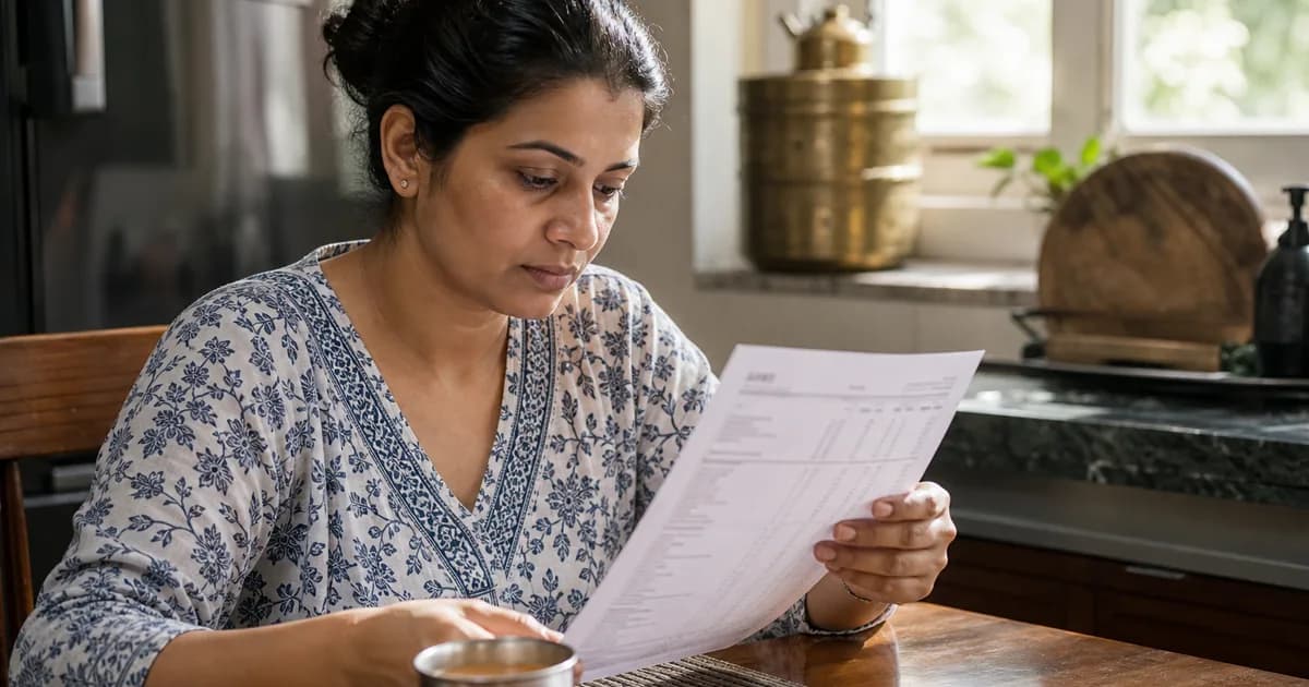 Indian adult at a kitchen table with chai and a thyroid-insulin lab report for unexplained weight gain