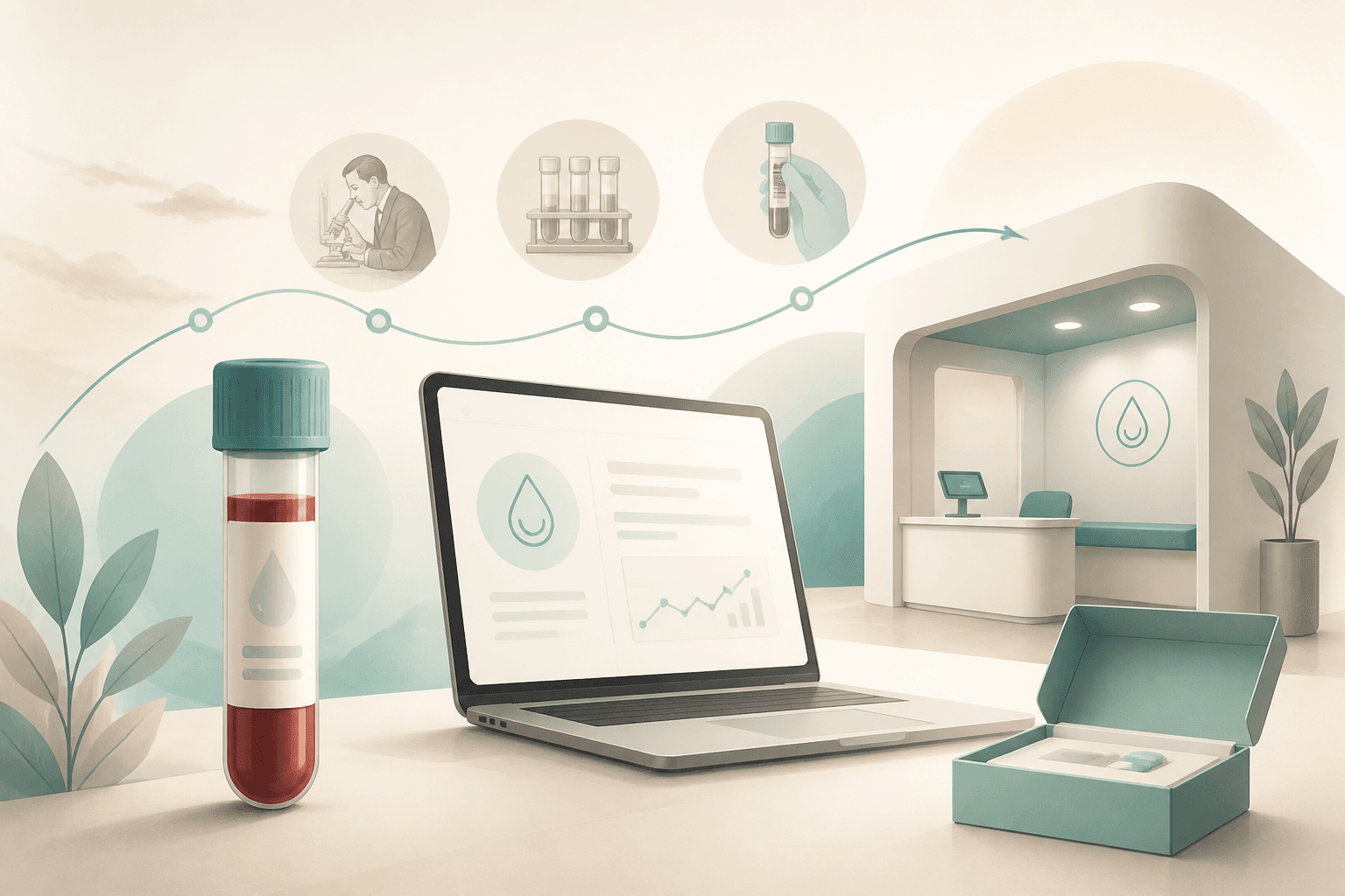 Educational illustration about online blood testing platforms and lab result tracking after WellnessFX shutdown