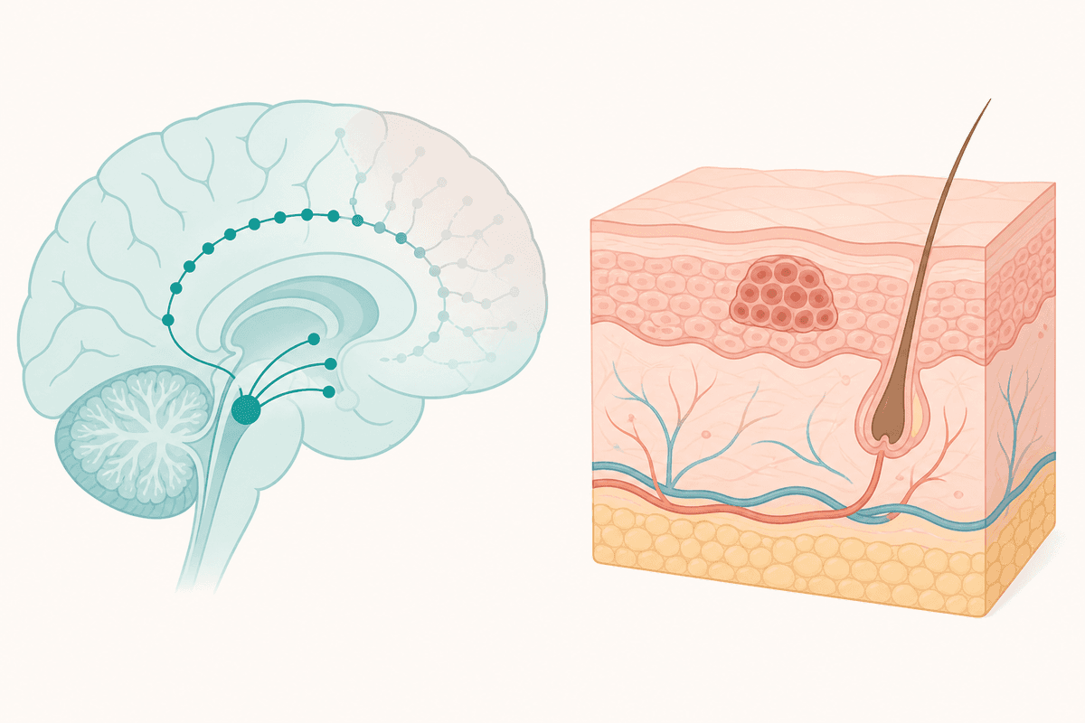 Medical illustration of brain pathways and skin layers representing Parkinson’s disease and basal cell carcinoma education