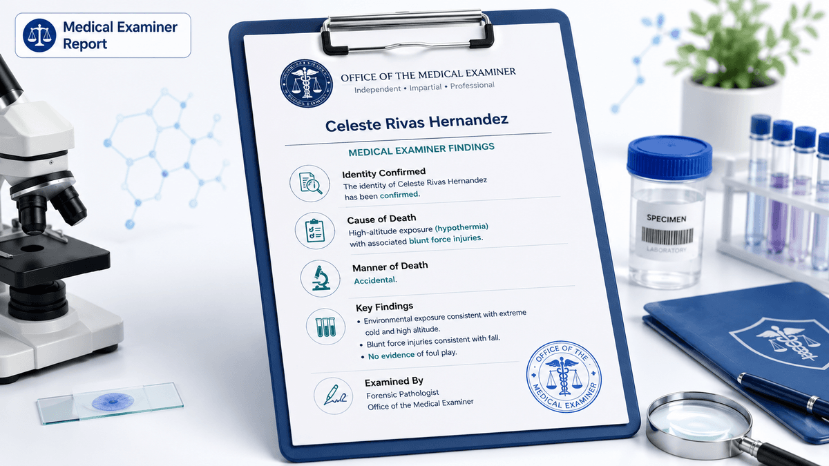 Educational illustration of medical examiner documentation and forensic pathology concepts
