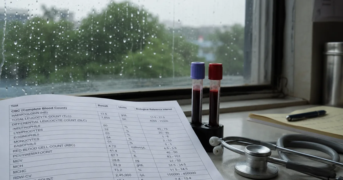 Indian clinic desk with a CBC report and blood vials during monsoon fever testing for dengue and chikungunya