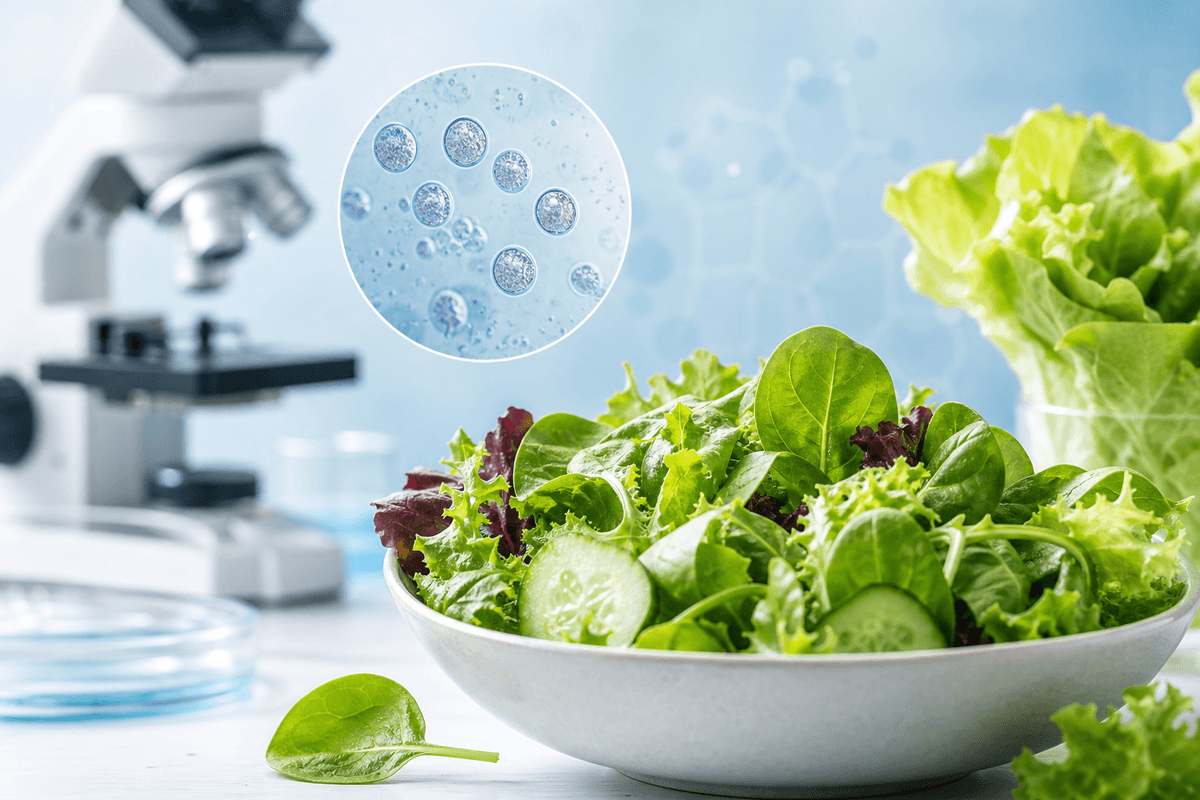 Fresh leafy salad greens with clinical backdrop illustrating Cyclospora foodborne outbreak investigation