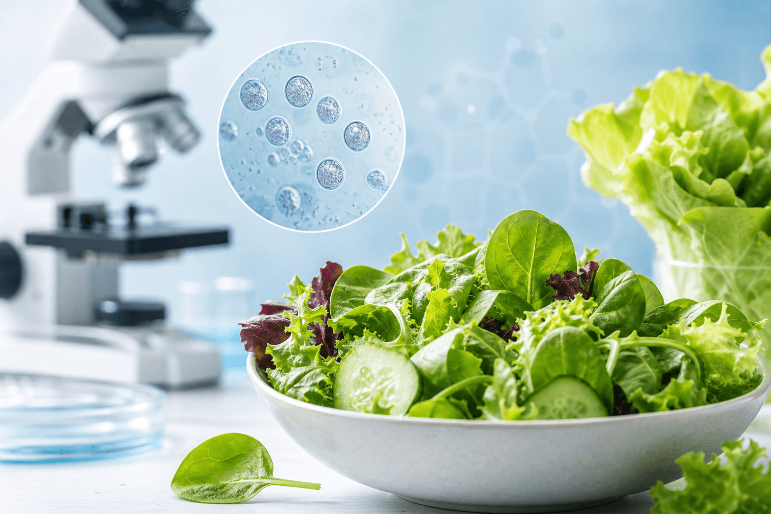 Fresh leafy salad greens with clinical backdrop illustrating Cyclospora foodborne outbreak investigation