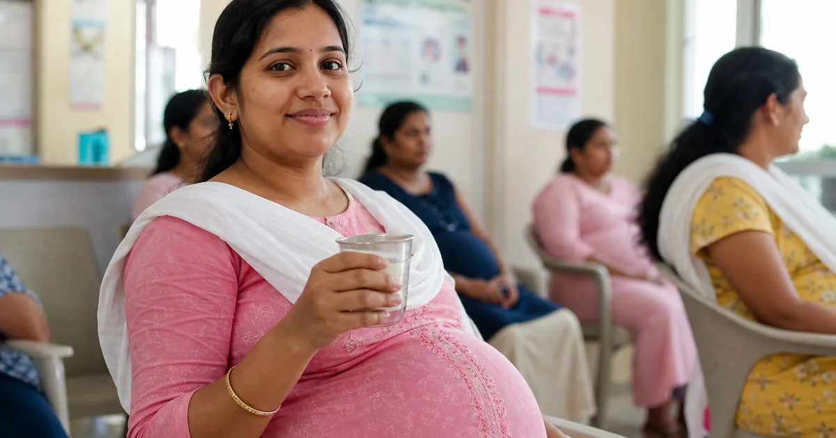Pregnant Indian woman in an antenatal clinic holding a glucose drink for an OGTT