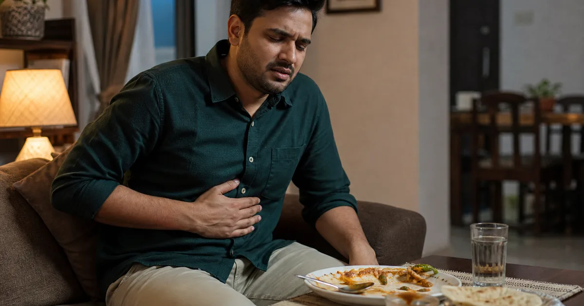 Young Indian adult with upper-abdominal discomfort after a spicy meal, antacid strip nearby