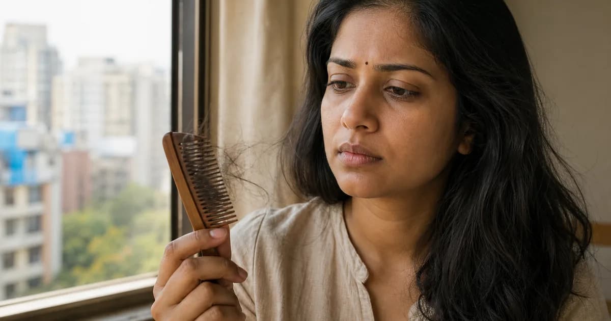 Indian woman checking hair on a wooden comb by a window, illustrating a hair-fall blood test workup