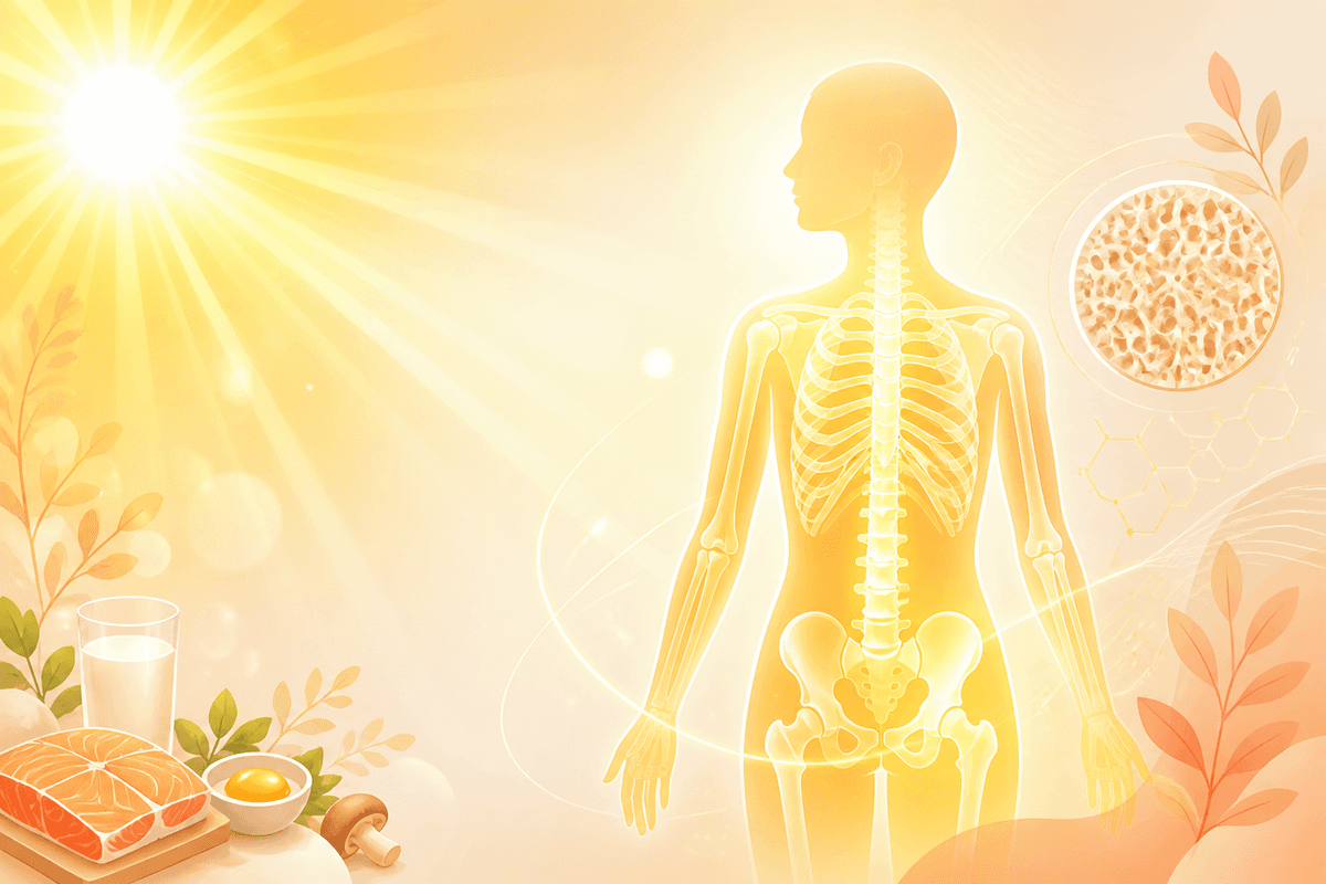 Educational illustration of healthy vitamin D levels with sunlight and bone health motif