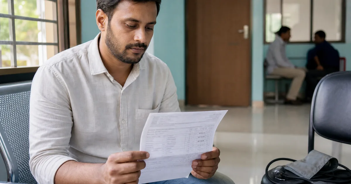 Young Indian adult in a clinic holding a preventive cardiac lab report covering lipids, Lp(a), hs-CRP and HbA1c