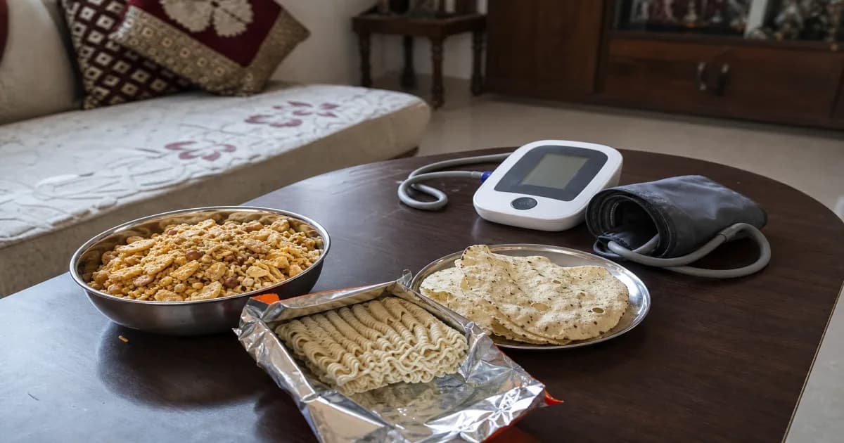 Indian namkeen and instant noodles on a table next to a home blood pressure monitor