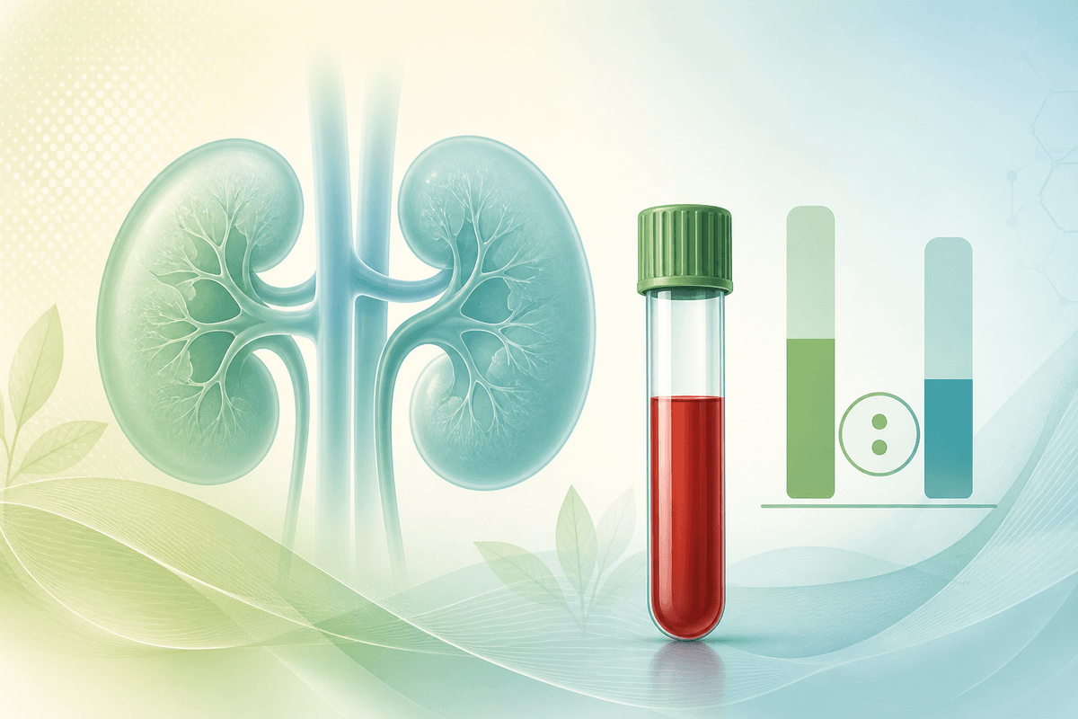 Educational illustration of kidney lab results comparing BUN and creatinine ratio on a blood test report