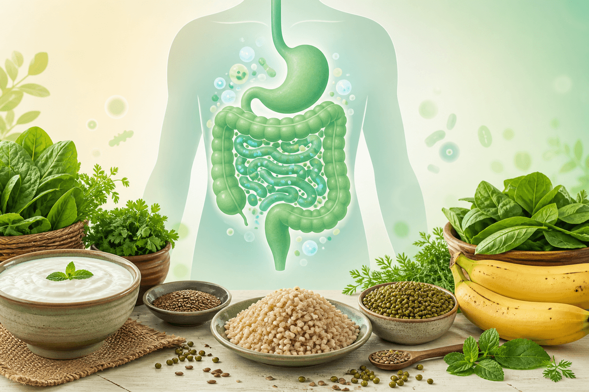 Educational illustration of gut health with digestive tract motif and healthy Indian foods like curd, greens, and whole grains