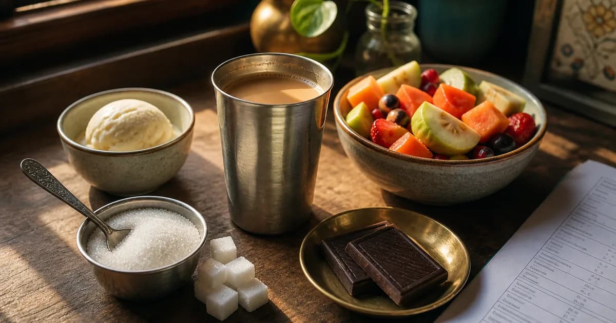 Indian kitchen table with unsweetened chai, fruit, dark chocolate, ice cream, and a sugar katori