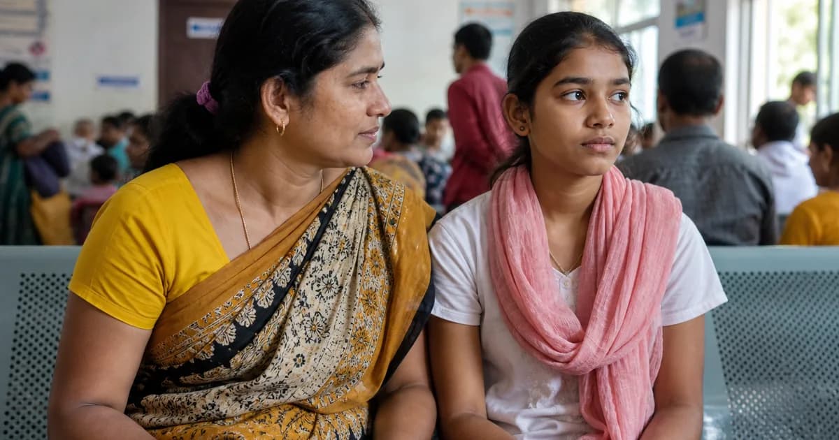 Indian mother and teenage daughter waiting at a government primary health centre