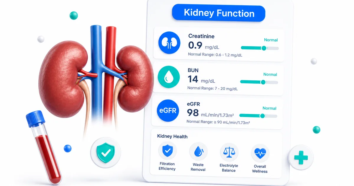 Kidney function test report with creatinine and BUN values highlighted alongside kidney illustration
