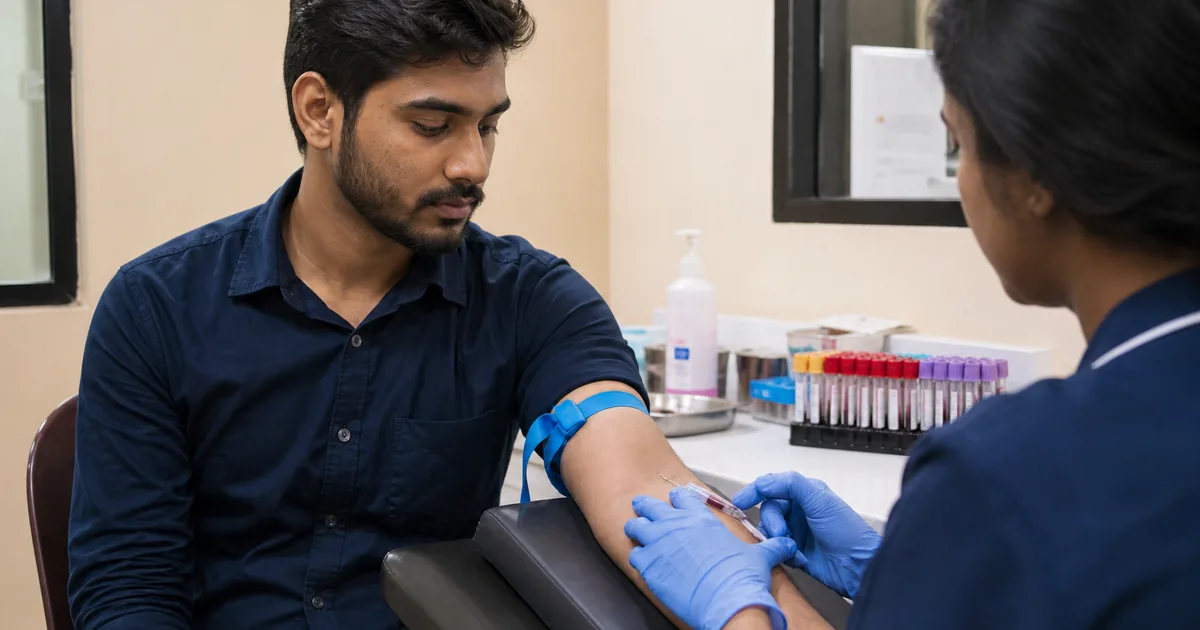 Young Indian adult giving a blood sample for kidney function testing in a diagnostic lab
