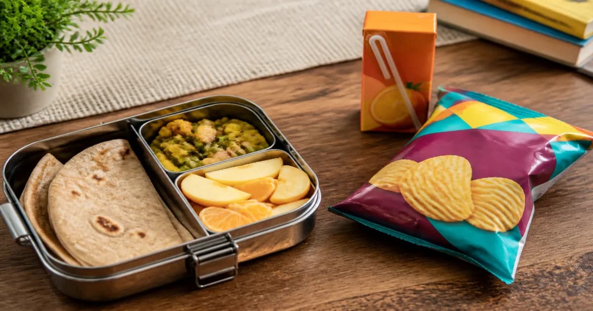 Indian school tiffin with homemade food beside colourful packaged chips and a juice carton