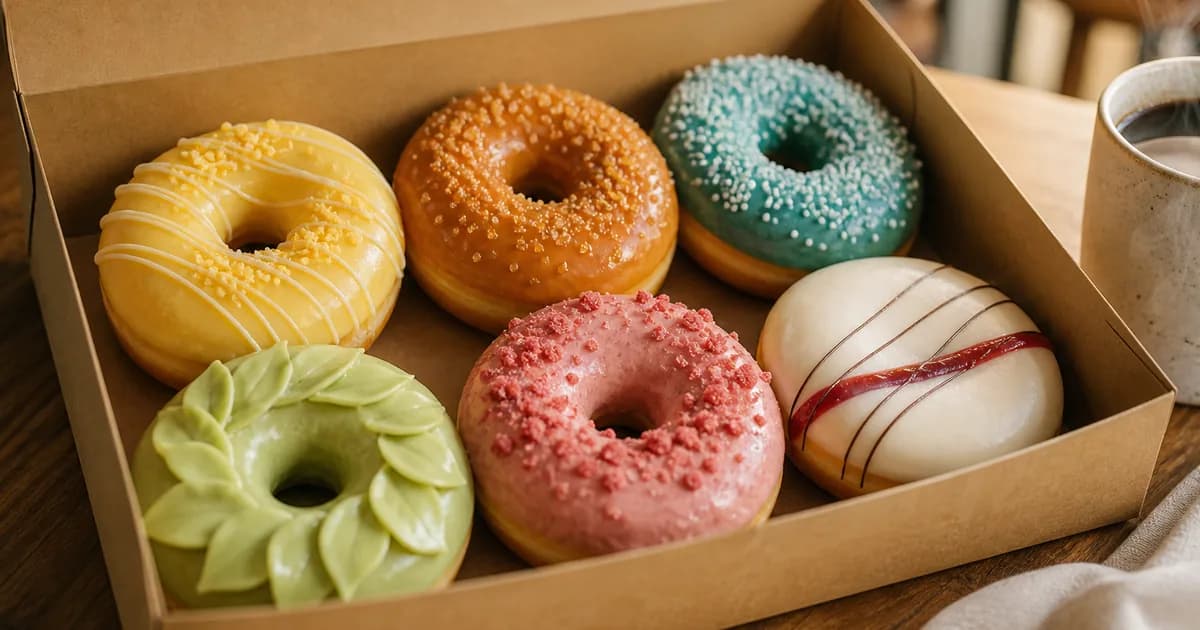 Colourful glazed doughnuts in a bakery box, illustrating the limited-edition Krispy Kreme Pokémon 30th anniversary collection
