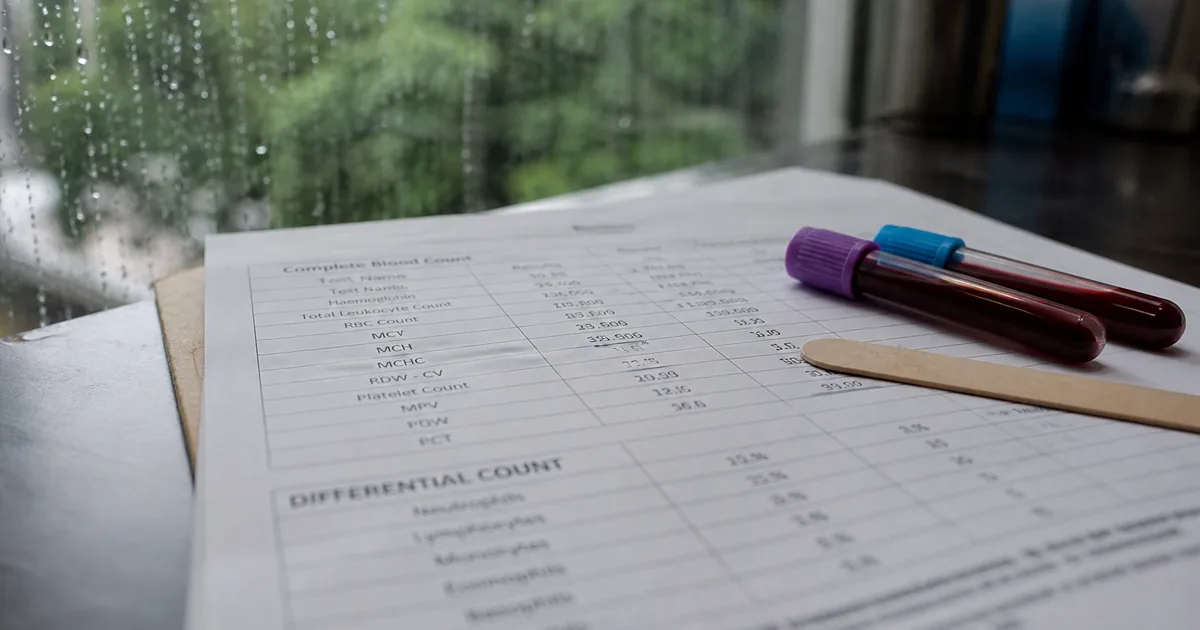 CBC blood test report with the lymphocyte differential row highlighted after monsoon viral fever