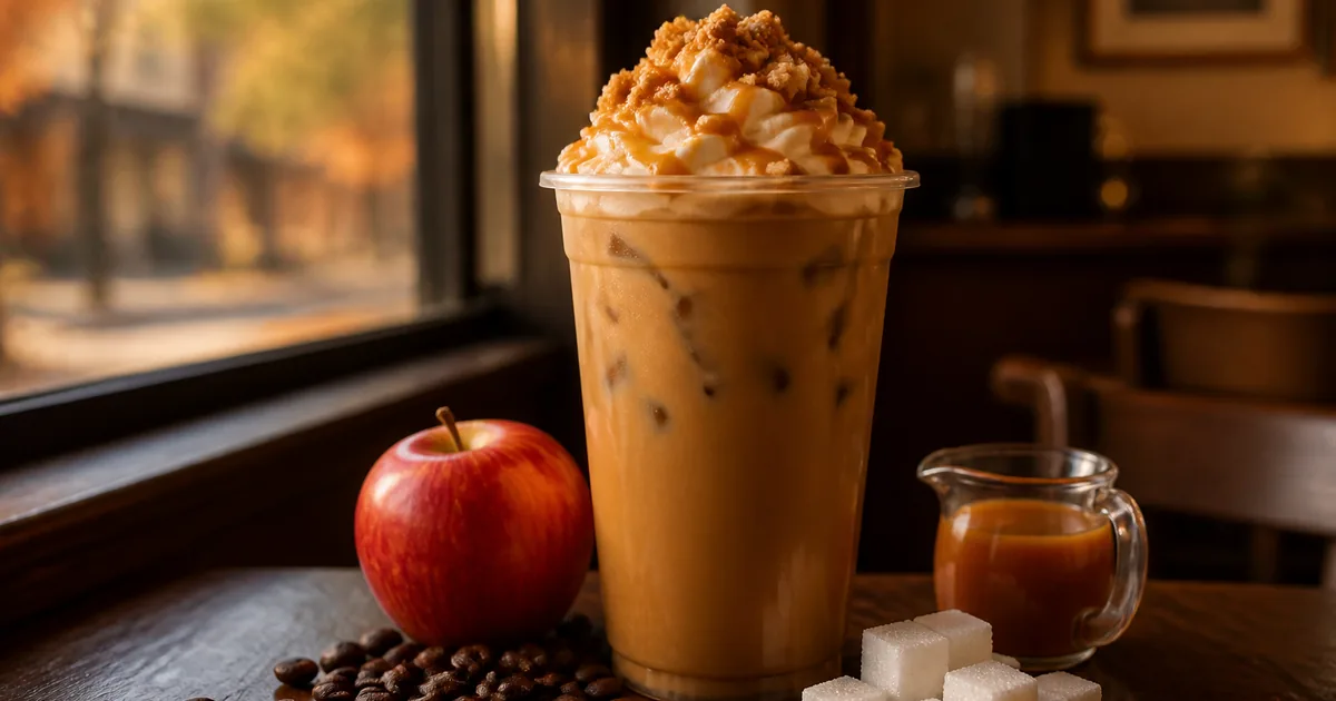 Iced caramel coffee with whipped cream and apple-pie crumble next to a real apple and sugar cubes