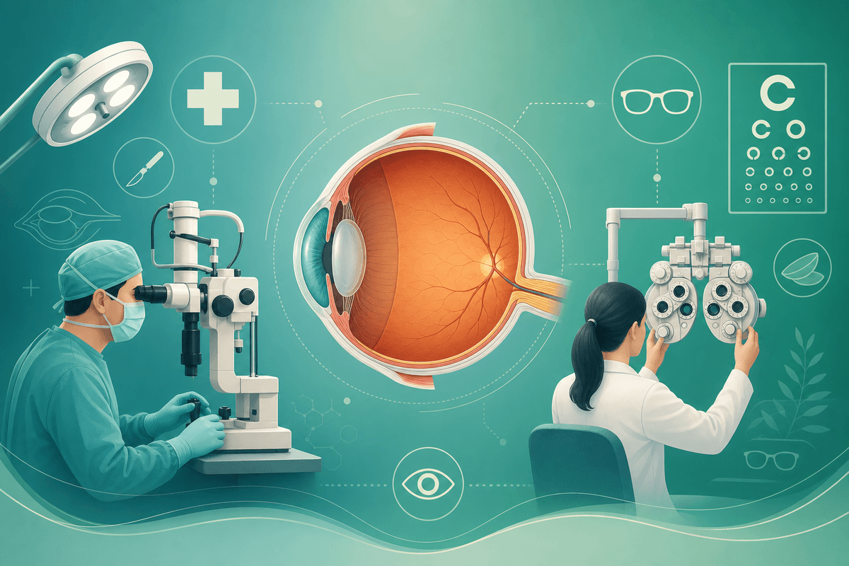 Comparison of ophthalmologist and optometrist eye care roles with eye exam and surgical care icons
