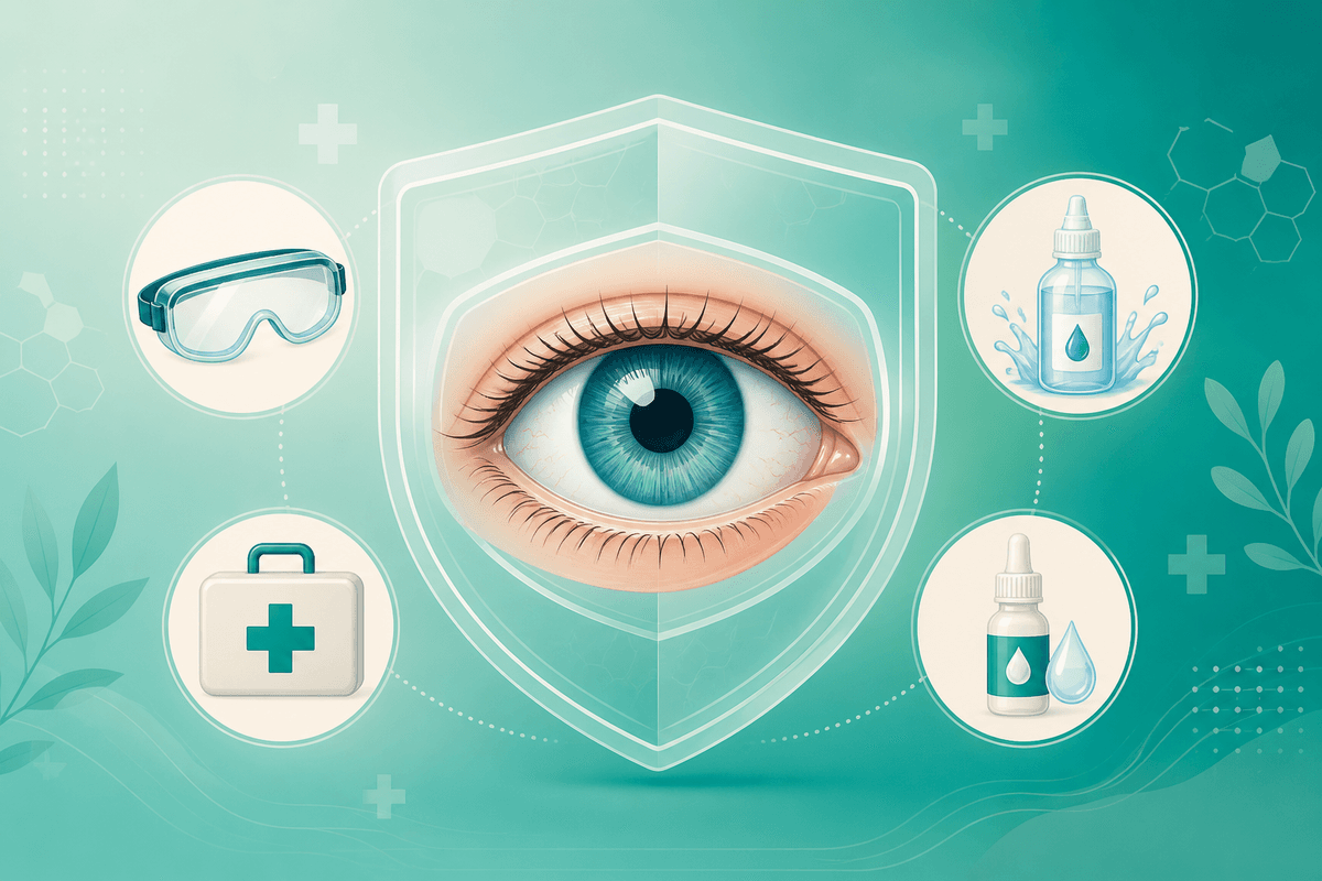 Medical illustration of eye protection and saline rinse first aid for chemical irritant exposure