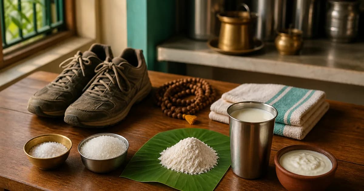 Five white kitchen staples — salt, sugar, maida, milk and curd — on an Indian table beside walking shoes